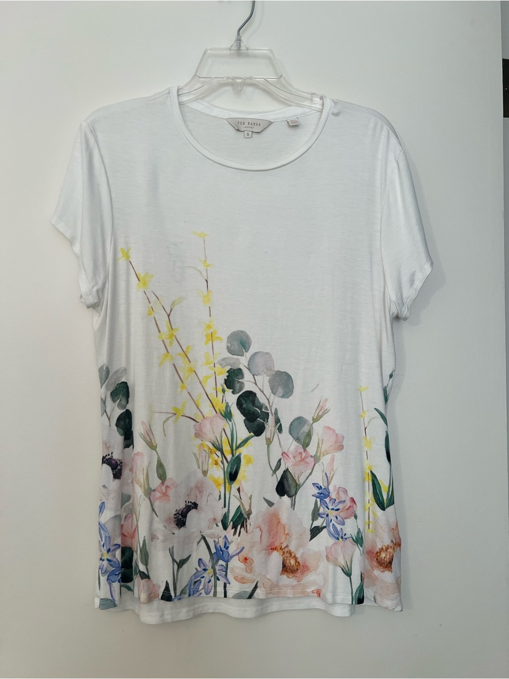 Ted Baker White Floral Short Sleeve Crewneck Tee with Pastel Blooms